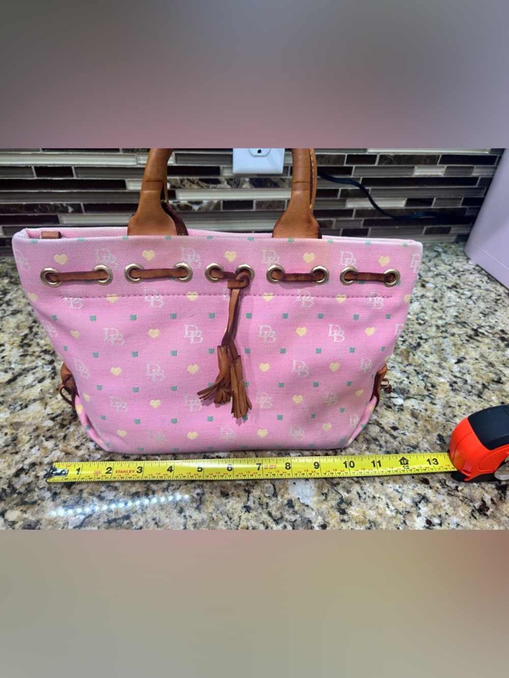 Dooney & Bourke Pink Canvas Heart Logo Tote with Tan Leather Trim - Picture 6 of 6